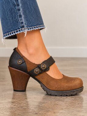 London Underground Fly London Brown Leather Mary Jane Heels Size 8.5